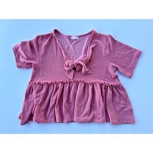 Pink Lily Pink Striped Tie Front Peplum Top Short Sleeve Blouse - Size M